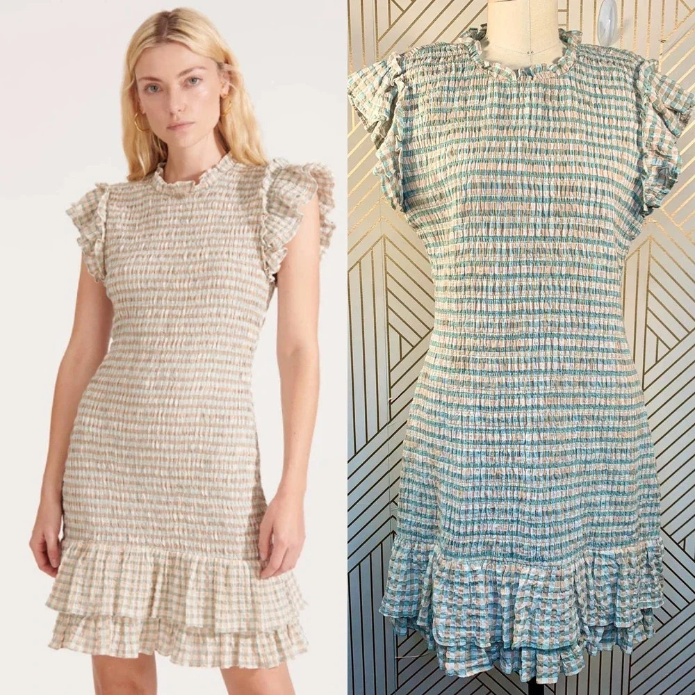 Veronica Beard Cici White Seersucker Smocked Mini Dress‎ Ruffle Hem Size 12 NWT